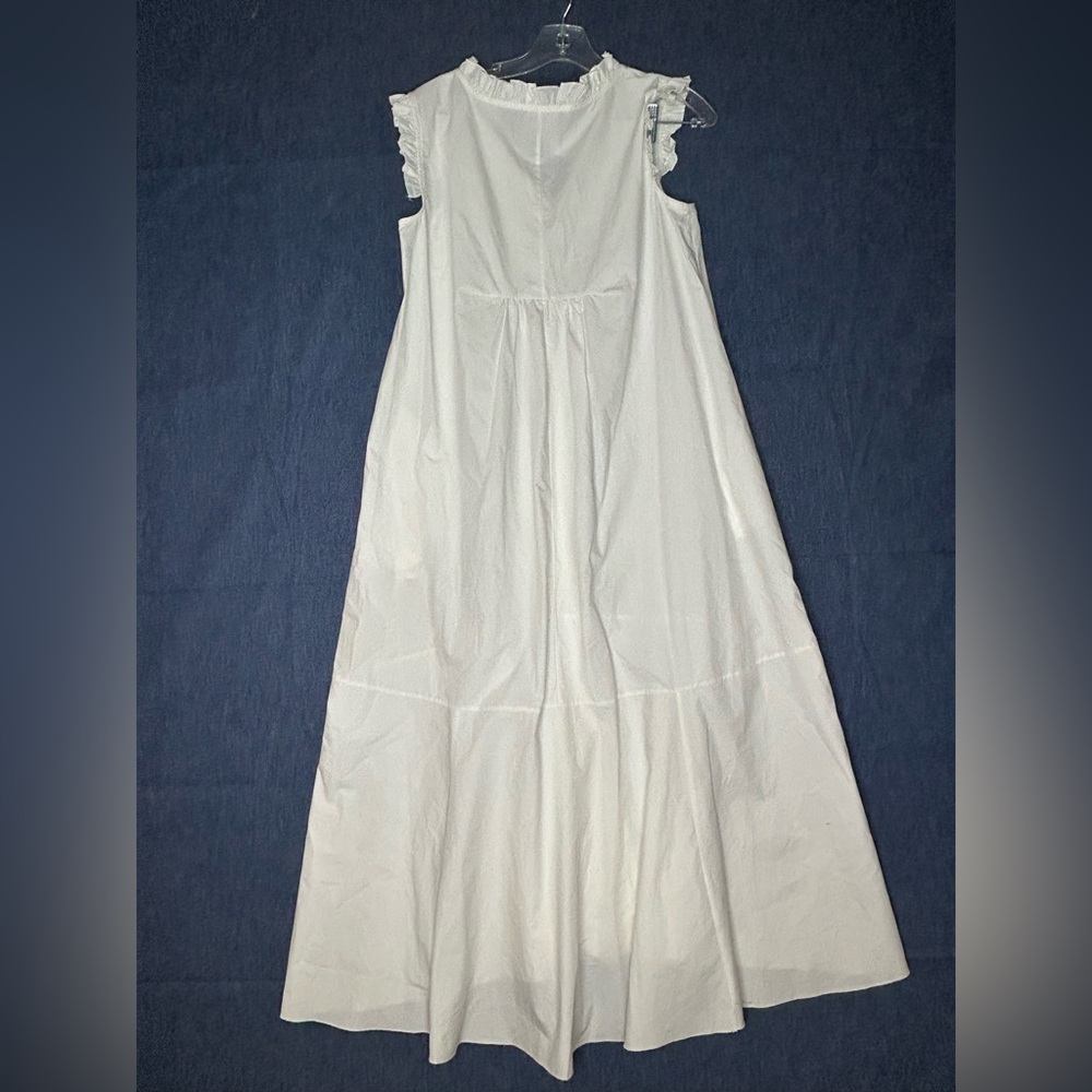 Cotton White Sleeveless Maxi Dress - V-Neck with Ruffled Shoulders - Picture 2 of 7